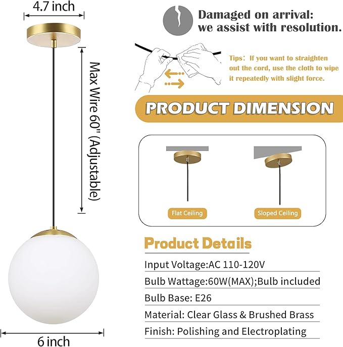 KoKo&Yukina 6-inch mini Modern Globe Pendant Light Opal Glass with Brass Finish Contemporary Mid Century Adjustable Hanging Light Fixture Mid Century Pendant Light for Living Room Bedroom Kitchen