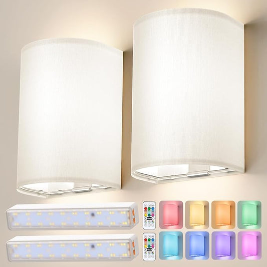 OCATO Battery Operated Wall Sconce: Wireless Wall Sconces Set of Two Battery Operated Magnetic Lamp Rechargeable Lights Dimmable with 16 RGB Colors with Remote Walls Decor for Bedroom Living Room