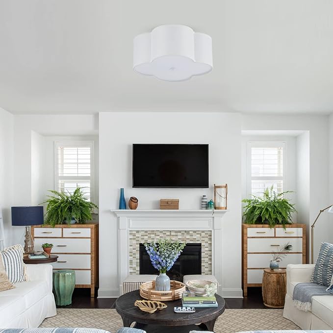 Semi Flush Mount Ceiling Light Fixture, Modern Close to Ceiling Lamp with Cream White Fabric Drum Shade for Nursery Kids Room Bedroom Kitchen Hallway Entryway 4-Light