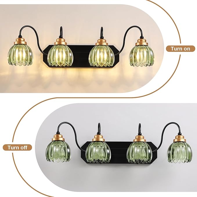 Vintage Bathroom Vanity Light, 4 Light Bathroom Lighting Fixtures Over Mirror, Mid Century Style Farmhouse Light Fixtures with Green Glass Shades, Black Finish Wall Mount for Bedroom , Living Room