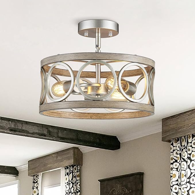 Farmhouse Ceiling Light Fixture, Drum Round Modern Semi Flush Mount Ceiling Light for Kitchen Bedroom Dining Living Room, 13" Metal Nickel and Wood Grain Chandeliers