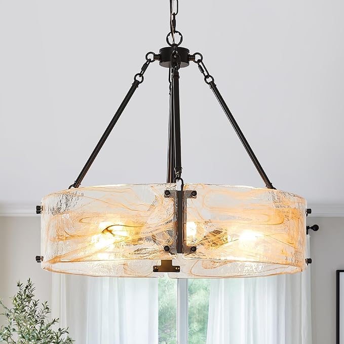 WILON Chandeliers for Dining Room, Modern Glass Pendant Light Fixtures,6-Light Foyer Kitchen Lighting Fixtures Textured Hanging Lights for Bedroom, Bathroom, Laundry Room, Entryway, Hallway (Black)