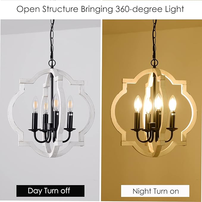 Plug in Chandelier with 16.4ft Cord,On/Off Switch,Orb Wood Farmhouse Light fixtures,Outdoor Chandelier for Gazebo, Kitchen Island Dinning Foyer Entryway,4-Light White Color