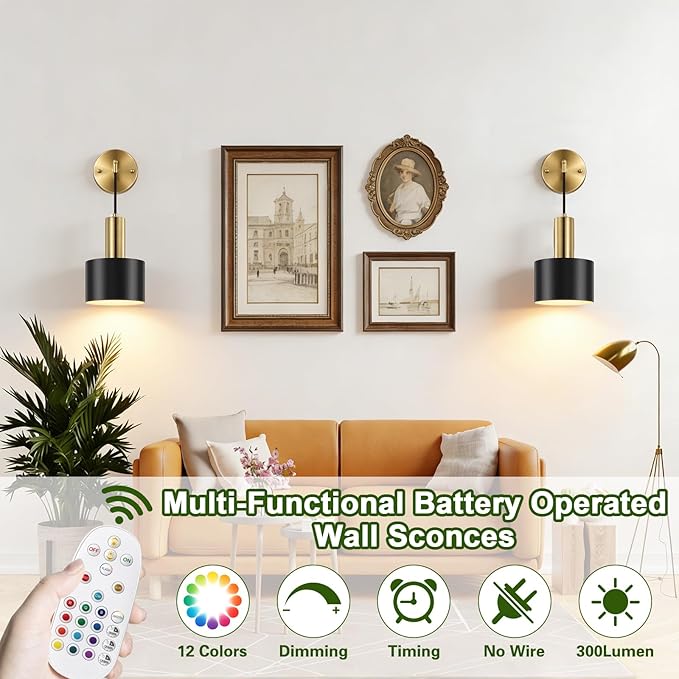 Battery Operated Wall Sconces Set of Two, Black & Gold Wireless Rechargeable Wall Lights with Remote, 15 Colors Dimmable LED Wall Lamps, Modern Cordless Sconce for Bedroom Living Room Hallway