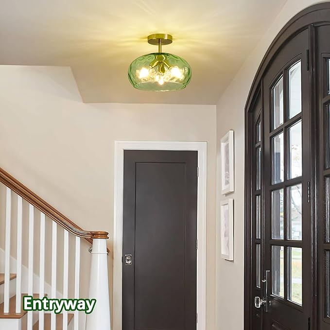 Green Glass Flush Mount Ceiling Light - 12 Inch Hammered Glass Hallway Light fixtures Ceiling, Vintage Gold Semi Flush Mount Ceiling Light,Mid Century Light Fixture for Bedroom Entryway Kitchen