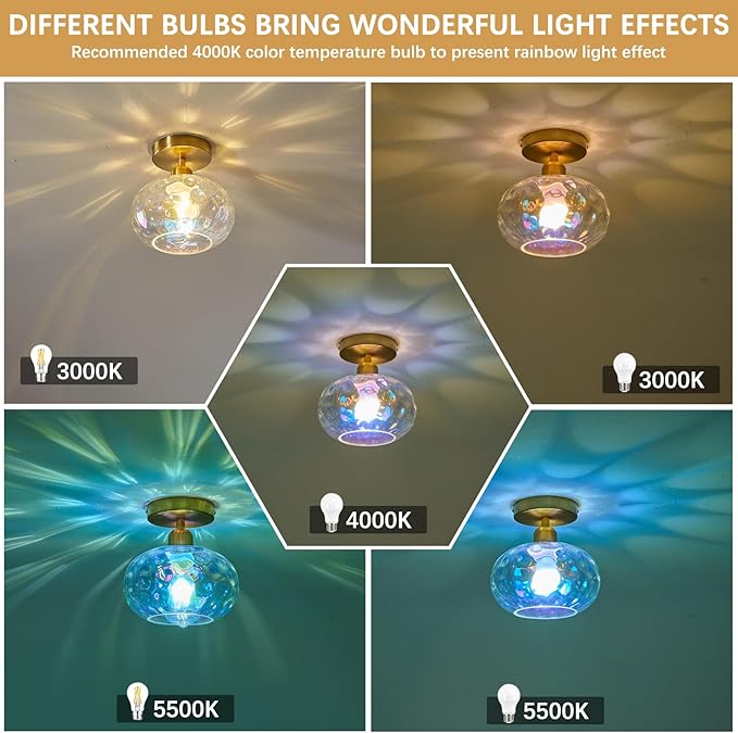 Vintage Glass Flush Mount Ceiling Light - 2 Pack，7.9 Inch Rainbow Hammered Glass Hallway Light fixtures Ceiling, Gold Semi Flush Mount Ceiling Light for entryway Foyer Laundry Room Kitchen