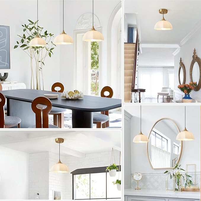 Milk Glass Pendant Light Kitchen Island 2 Pack Mid Century Brushed Gold Dome Ceiling Hanging Light Fixtures Retro Hanging Lamp Set of 2 MPL17-2 GD