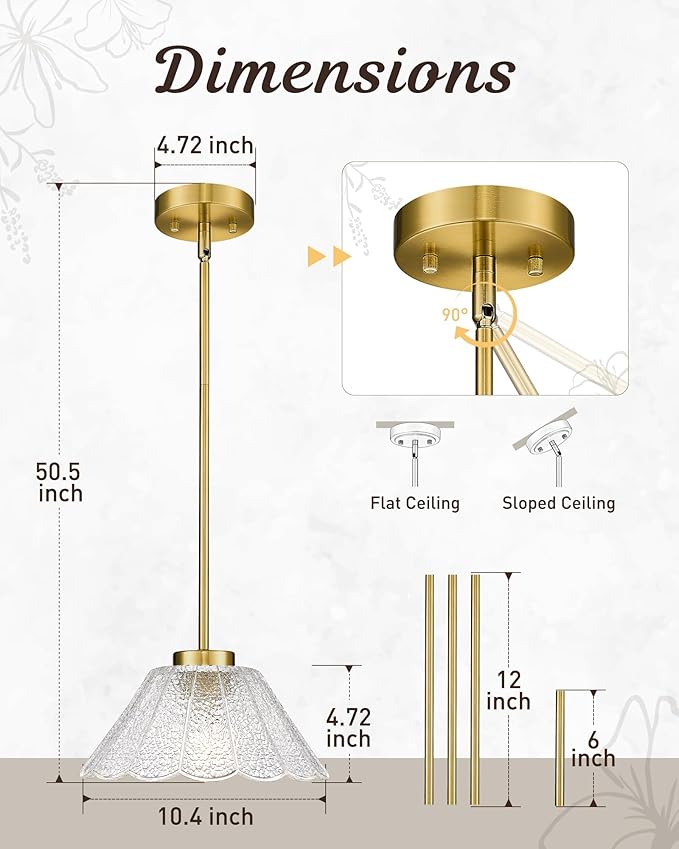 Modern Pendant Light Fixtures, HWH Pendant Lights for Island Dining Room Hallway, Bedroom, Gold Hanging Lighting with Clear Floral Glass, Brushed Gold Finish, 5HJX110MIL BG