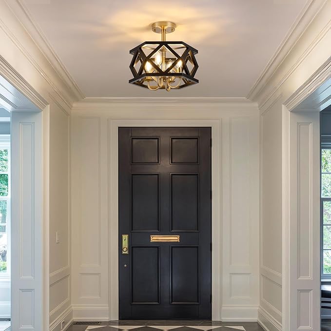 Black and Brushed Gold Semi Flush Mount Ceiling Light, Farmhouse Modern Light Fixture, 4-Light Metal Hallway Ceiling Lamp, Small Chandelier for Foyer Entryway Porch Bedroom Kitchen, E12 Base