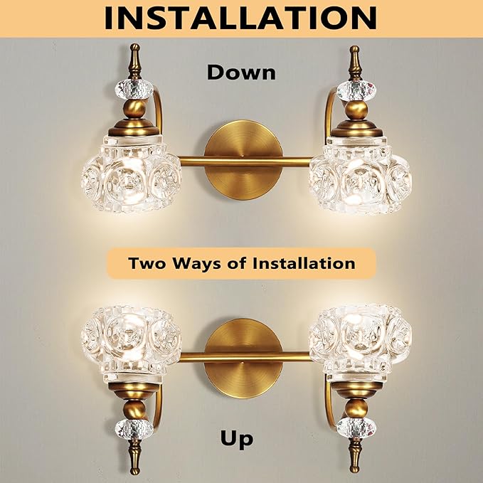 Montex Brass Bathroom Light Fixtures, Gold Vanity Light Vintage, Bathroom Vanity Light Fixtures, Wall Sconces Lighting for Bedroom, Living Room, Hallway, 2 Lights