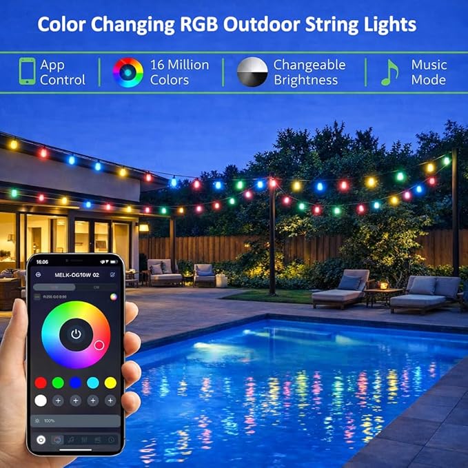 XHT Outdoor String Lights 49FT, Color Changing RGBW Patio String Lights with 15 LED Bulbs, App & Remote Control, IP66 Waterproof Shatterproof Backyard Lights