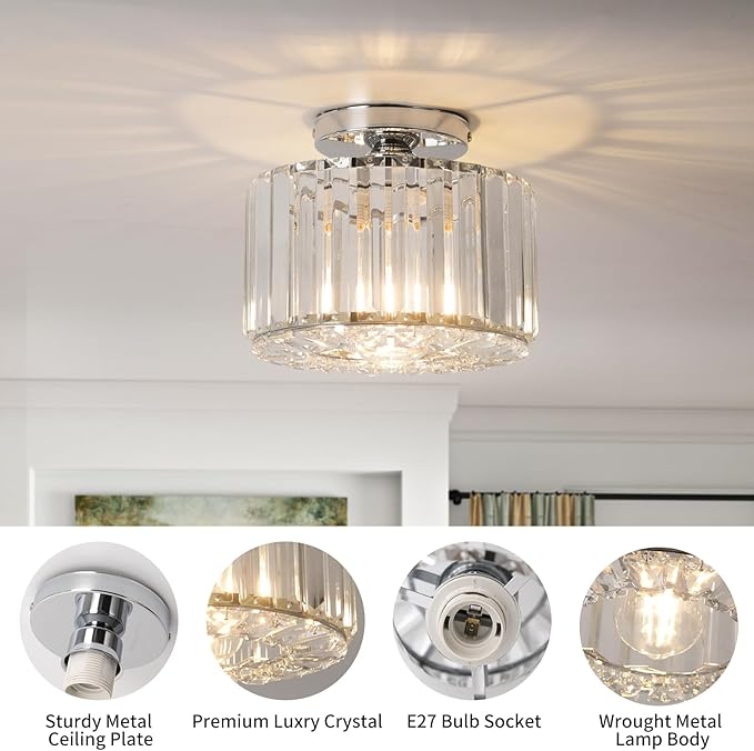 Crystal Ceiling Light, Semi Flush Mount Ceiling Light Silver Crystal Chandelier for Bedroom Kitchen Hallway Entrance Balcony Dining Rooms Living Rooms Bar