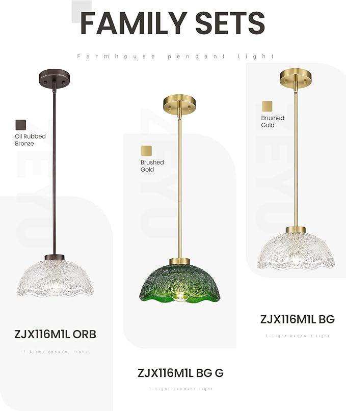 zeyu 10.4 Inch Vintage Single Pendant Light Fixture, Gold Vintage Hanging Lamp, Brushed Gold Pendant Light Kitchen Island with Clear Hammered Glass, ZJX116M1L BG