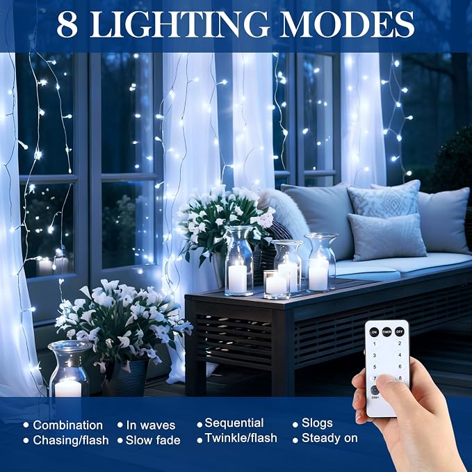 Aurelema 900 LED 30 x 9.5 Ft Christmas Curtain Lights 8 Modes Outdoor Fairy Lights with Remote Plug in Hanging String Fairy Light Waterproof for Bedroom Wall Window Backdrop Wedding Christmas Decor