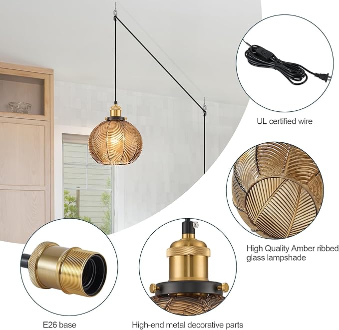 Modern Plug in Hanging Light, 7.8 Inch Glass Pendant Light with 14.76 FT Adjustable Plug in Cord, Vintage Amber Hanging Lamp for Dining Room Bedroom Kitchen Island Bathroom E26