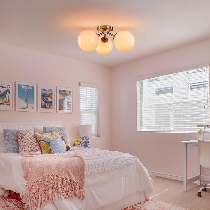 Pink Semi Flush Mount Ceiling Light Fixture, 3 Light Opal Glass Globe Mid Century Modern Light Fixtures for Bedroom,Entryway,Hallway,Living Room,Kithcen,Dining Room
