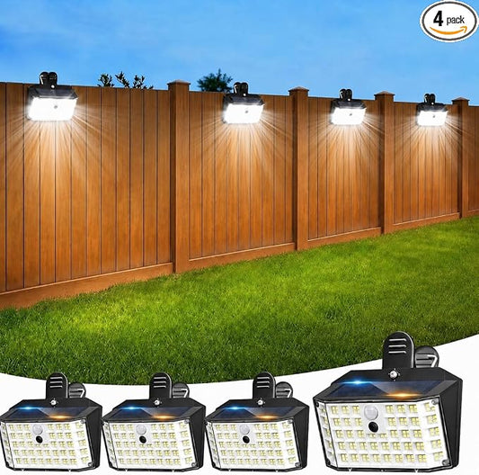 Clip on Solar Lights Outdoor with Motion Sensor, 600LM 176LED Solar Fence Lights Outdoor Waterproof, 3 Modes & Portable Security Lights for Chain Link Patio Deck Yard Garage(4Pack)