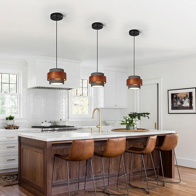 Modern Cement Pendant Light Fixture,Concrete Pendant Lights with Wood Accent,Vintage Farmhouse Chandelier for Kitchen Island Dining Room Living Room Bedroom Restaurant Cafe,(Black 1-Pack)