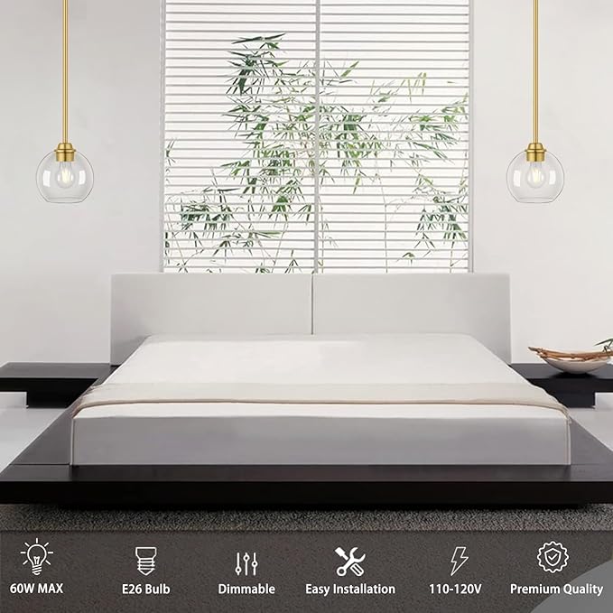 Gold Pendant Light Fixtures 2 Pack, Globe Pendant Lights with Clear Glass Shade,Pendant Lights Kitchen Island, Kitchen Pendant Lighting Over Island, Hanging Lights for Kitchen Island