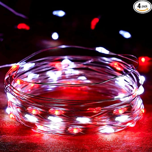 4-Pack Red and White Fairy Lights Battery Operated with Timer, 16FT 50 LED String Lights Outdoor Indoor, Christmas Lights Waterproof for Bedroom Home Wedding Birthday Xmas Parties and Centerpieces