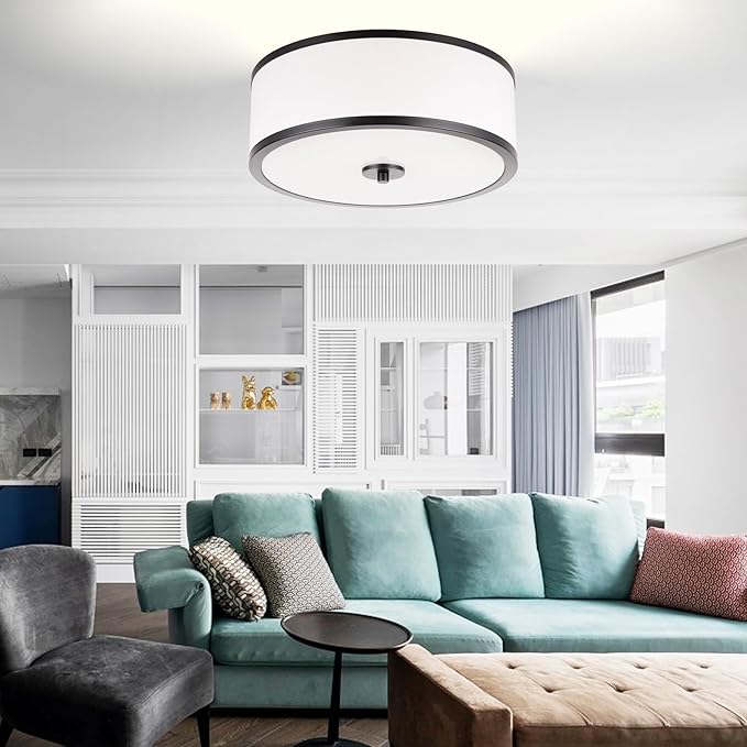 3-Light Flush Mount Ceiling Light Fixture, 12.6 " Drum Light with White Fabric Shade, Modern Close to Ceiling Light for Living Room Bedroom Dining Room Kitchen Hallway Entry (Matt Black)