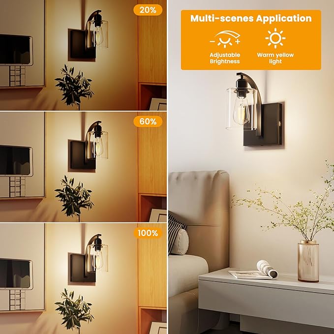LGMCF Battery Operated Bathroom Sconces Set of 2 Non-Hardwired Modern Magnetic Rechargeable Wall Sconces Matte Black Wall Lighting Fixtures with Clear Glass Shade for Bathroom Bedroom and Living Room