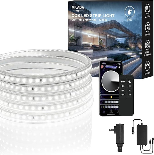 20FT COB LED Strip Lights, Waterproof Outdoor&Indoor Daylight White 6500K Flexible 24V Remote & App Control, Tap Lighting Boat Lights For Finshing Room, Garden, Patio, Kitchen,Bathroom, Swming Pool
