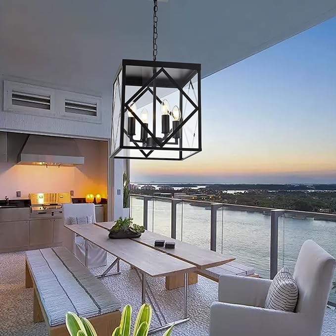 4-Light Outdoor Pendant Light Fixtures Large 15.7'' Black Outdoor Chandelier Metal Cage Exterior Hanging Porch Light w/Glass Shade, Outdoor Pendant Lantern Lamp for Front Porch Balcony Foyer