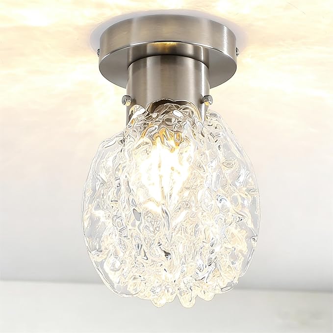 BUXVRCS Semi Flush Mount Ceiling Light Silver, Hammered Glass Hallway Ceiling Light Fixture, Small Vintage Close to Ceiling Light for Living Room Bedroom Bathroom Kitchen Entryway with E26 Base