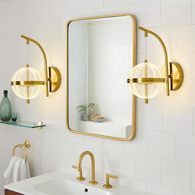 UOFUS Gold Wall Sconce with Globe Acrylic Shade Mid Century Modern LED Wall Light Fixture 12W 3000K/4000K/6000K Temperature Adjustable Super Bright Bathroom Vanity Light for Bedroom Hallway