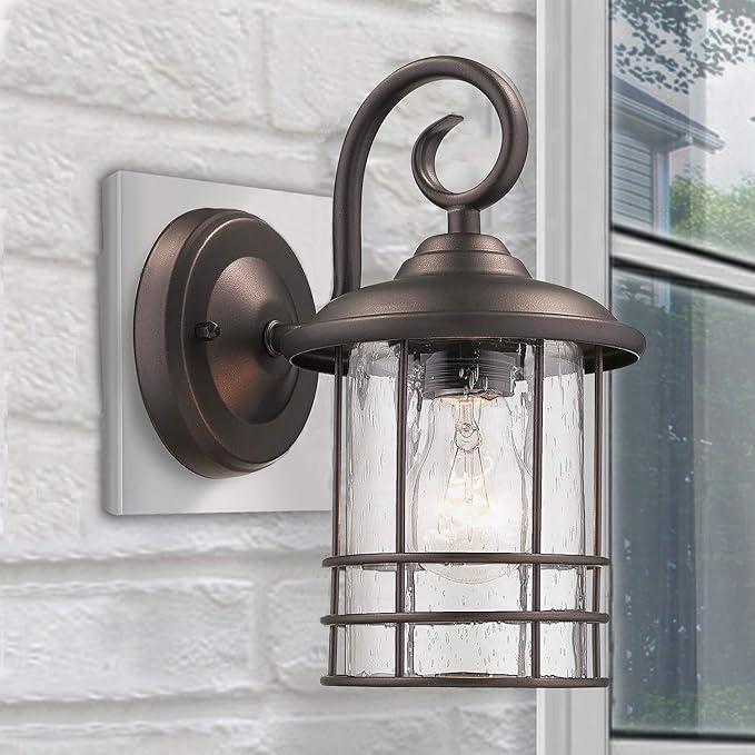 MICSIU 2-Pack 5.5" Wide Compact Oil Rubbed Bronze Outdoor Wall Sconce, 9.8 Inch Farmhouse Exterior Fixture with Clear Seedy Glass, Waterproof Max 23W Porch Lights for Front Door, Entryway, Patio