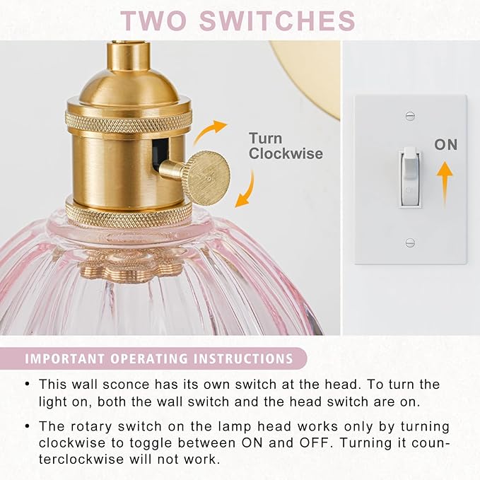 Wall Sconces Set of Two Hardwired, Vintage Sconce Light with Tulip Pink Glass Lampshade, Bathroom Wall Lights with Switch, Gold Wall Light Sconces Wall Decor Set of 2