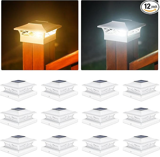 VOLISUN Solar Post Cap Lights: 12 - Pack Outdoor Deck Post Cap Lights White for Dock Fence Waterproof 2 Color Modes,4x4/6x6 Wooden/Vinyl Posts