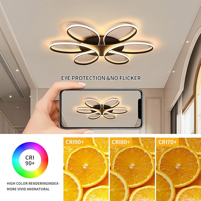Modern LED Ceiling Light Fixture Black Flush Mount Ceiling Lamp with Remote Control Dimmable 6 Rings Flower Shaped Ideal for Living Room Bedroom Dining Room Kitchen(120CM/47.3IN)