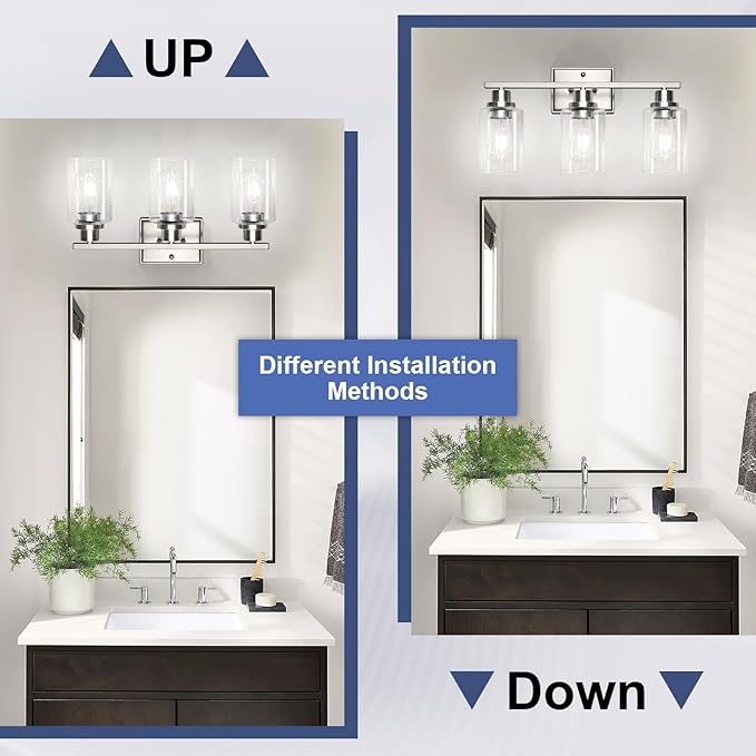 Unicozin 3 Light Bathroom Light Fixtures, Modern Vanity Lights Over Mirror, Brushed Nickel Wall Lamp with Clear Glass for Living Room Cabinet Bedroom Porch