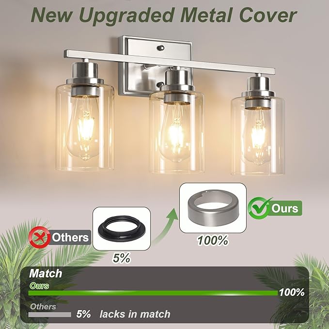 Unicozin 3 Light Bathroom Light Fixtures, Modern Vanity Lights Over Mirror, Brushed Nickel Wall Lamp with Clear Glass for Living Room Cabinet Bedroom Porch