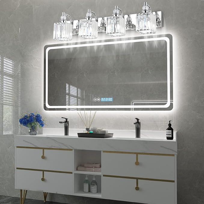 Ralbay Modern Crystal Vanity Light for Bathroom 4 Light 31.5''Chrome Bathroom Wall Lighting Fixtures Over Mirror