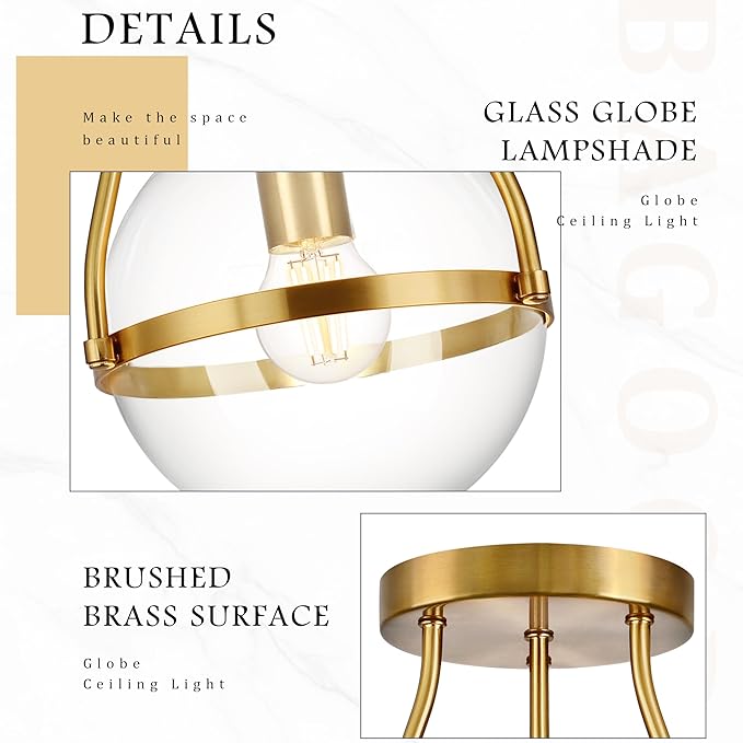 Bagood 6" Globe Semi Flush Mount Ceiling Light Fixture Modern Gold Semi Flush Mount Ceiling Light Mid Century Ceiling Light with Clear Glass Shade Brass Finish for Hallway Bathroom Foyer (Bulb Incl.)