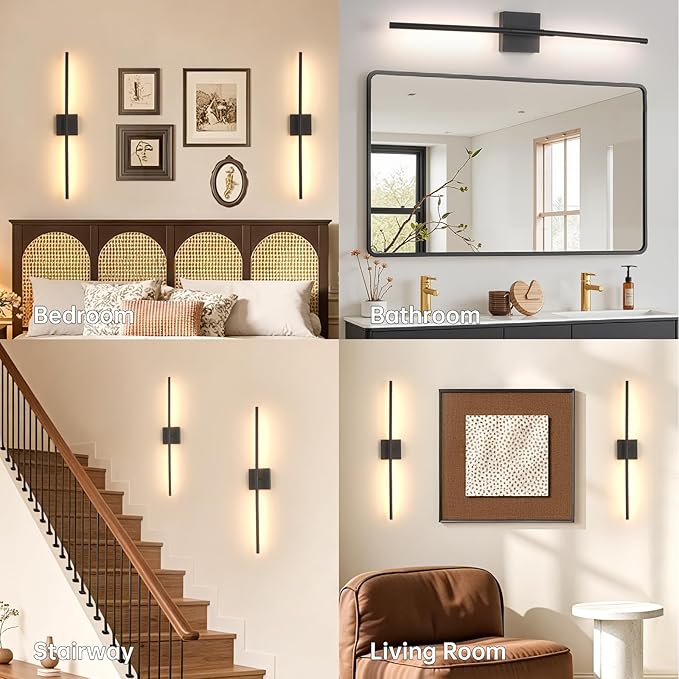 Shenmoyl Battery Operated Wall Sconce Set of 2, 10400mAh Rechargeable Wall Lights, 3000K-6000K Dimmable, 350°Rotate, Indoor Wall Sconces with Remote for Bedroom Living Room Bathroom, Black, 31.5 Inch