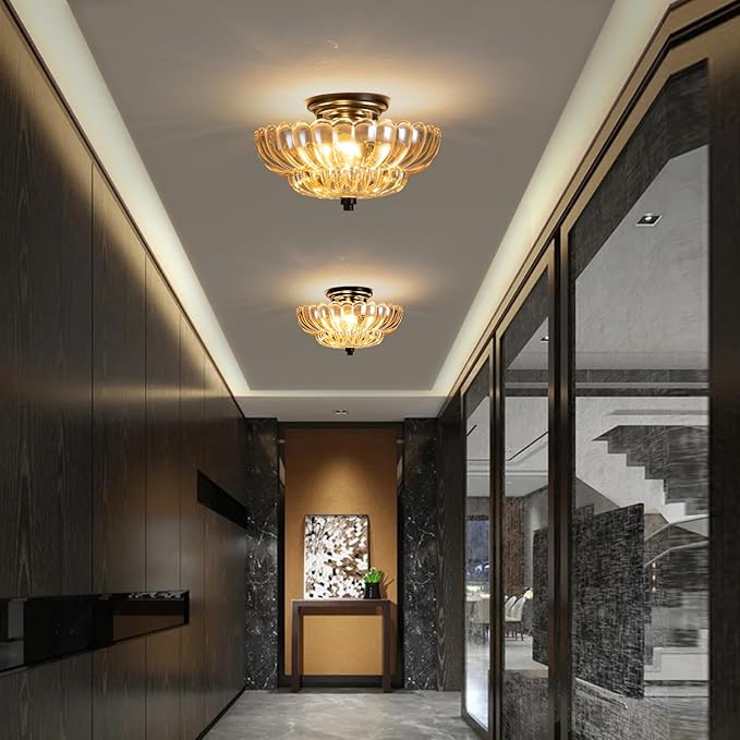 Semi Flush Mount Ceiling Light, Modern Ceiling Light Fixture with Amber Glass, Vintage Indoor E26 Kitchen Lighting for Closet, Porch, Corridor, Hallway, Bedroom