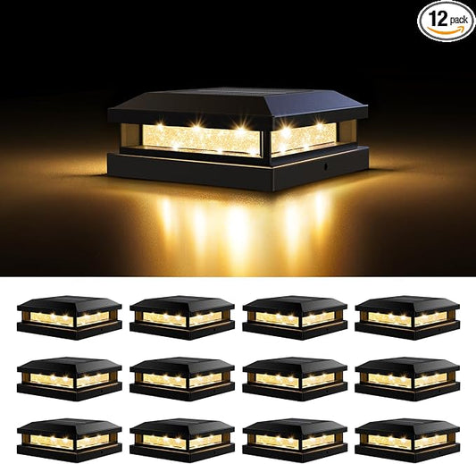 Solar Post Cap Lights Outdoor 12 Packs for 4x4 4.5x4.5 5x5 Vinyl/Wooden Posts, Waterproof Solar Powered Fence Post Light with Warm/Cool Lighting, Black 16LEDs Deck Cap Light for Garden, Patio, Porch