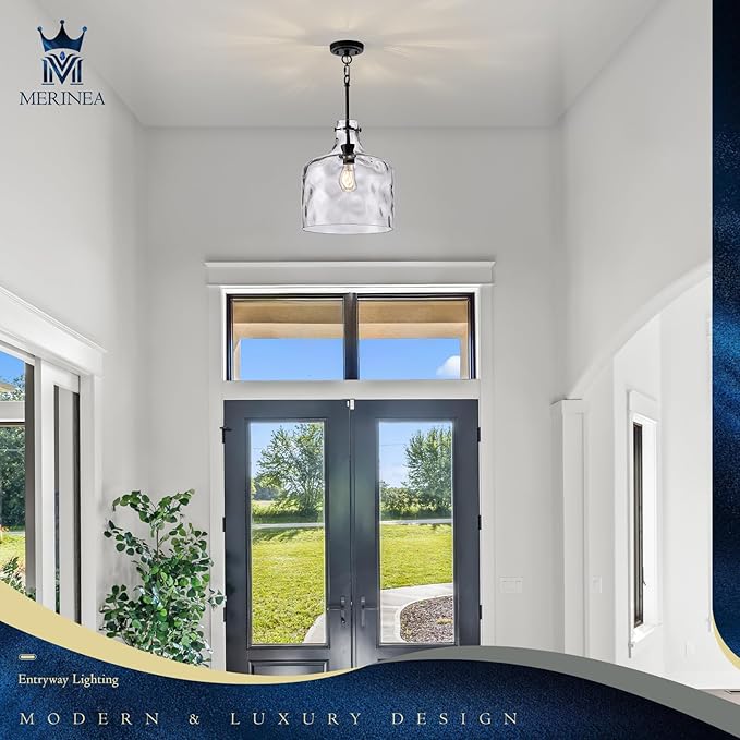 12" Farmhouse Pendant Light, Hand-Blown Clear Hammered Glass Hanging Ceiling Light Fixture with Black Finish and Adjustable Chain, Modern Rustic Lighting for Kitchen Island, Dining Room, E26 Socket