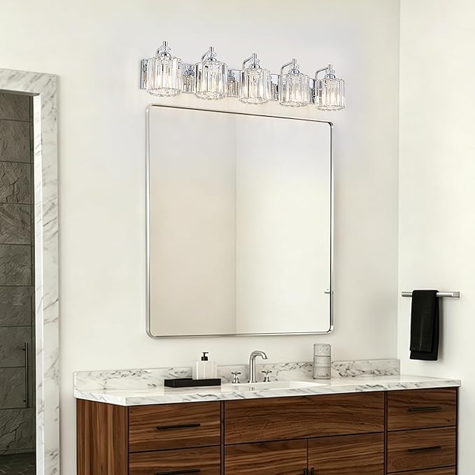 5-Light Modern Bathroom Light Fixture Chrome Bathroom Vanity Lights Over Mirror Wall Sconce Lighting with K9 Crystal Shades E26 Base for Bedroom, Living Room, Hallway Wall Lamp