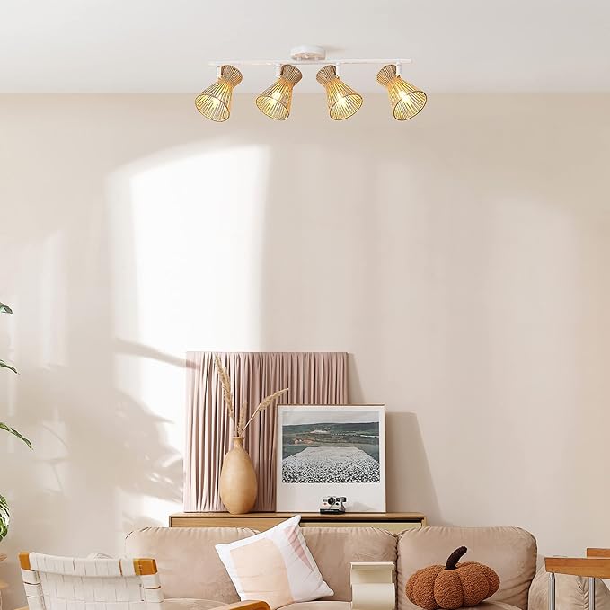 Globe Electric 64000050 28" 4-Light Track Lighting, Matte White, Natural Twine Shades, Ceiling Light, Pivot Shade, Kitchen Lights, 4 Bulb Track-Light