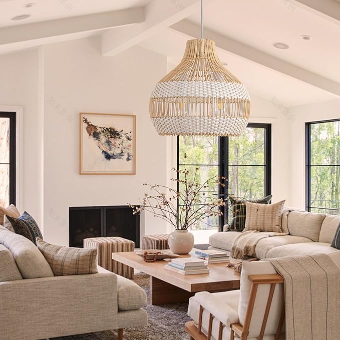 14.56" Rattan Pendant Light Fixture,2-Light Hand-Woven White Wicker Basket Chandelier 1-Pack Boho Faux Rattan Hanging Lamp,for Dining Living Bedroom Kitchen
