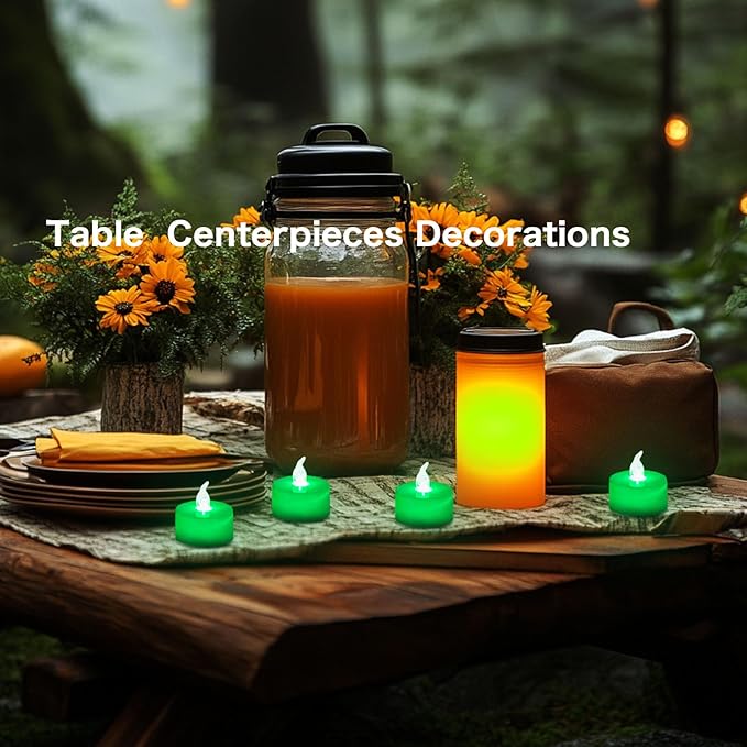 LANKER 24 Pack LED Tea Lights Candles, Flickering Green Flameless Tealights, Long Lasting Battery Operated Fake Candles, Decoration for Halloween and Christmas (Green - 24pcs)