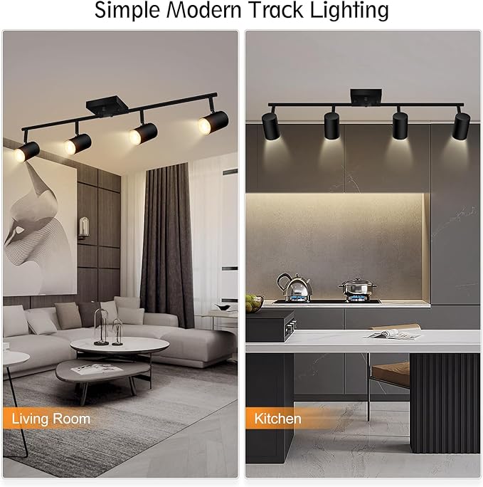 BoostArea 4-Light Track Lighting Kit, Modern Track Lighting Fixtures Ceiling, Rotatable Light Heads, Flush Mount Ceiling Spotlight, Black Track Lighting for Living Room/Bedroom, GU10 Bulb Not Included