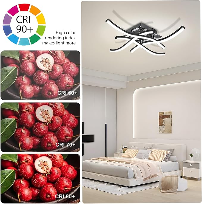 27.5Inch Modern LED Ceiling Light Fixture, 36W Stepless Dimming Curved Wave Ceiling Lamp with Remote & Timing Function for Bedroom, Kitchen, Hallway, Foyer Library Dining Room Black
