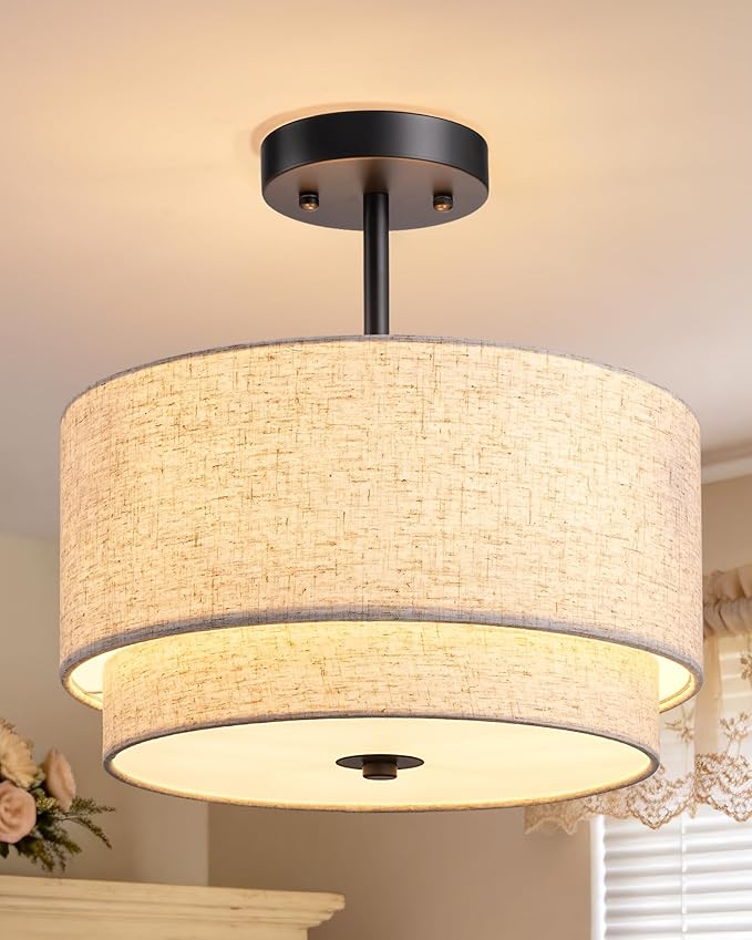 EDISHINE 12.6" Semi Flush Mount Ceiling Light, 3-Light Close to Ceiling Light Fixtures with Double Drum Linen Fabric Shade, Hallway Lights Fixtures for Living Room Entryway Kitchen, Matte Black