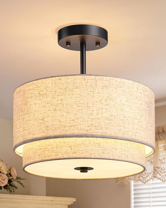 EDISHINE 12.6" Semi Flush Mount Ceiling Light, 3-Light Close to Ceiling Light Fixtures with Double Drum Linen Fabric Shade, Hallway Lights Fixtures for Living Room Entryway Kitchen, Matte Black